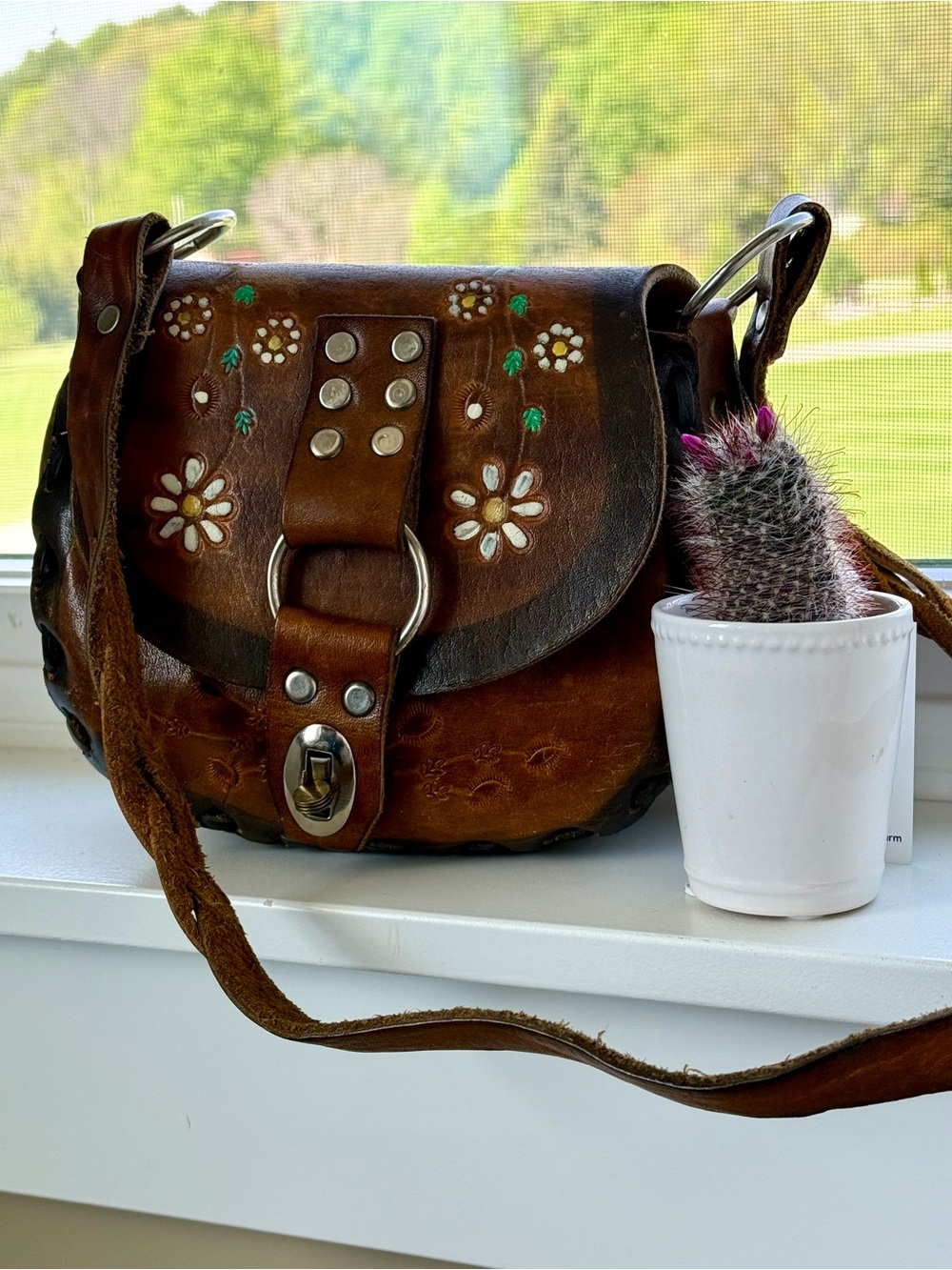 Hand Crafted Vintage Brown Leather Mini Crossbody with Floral Paint Accents
